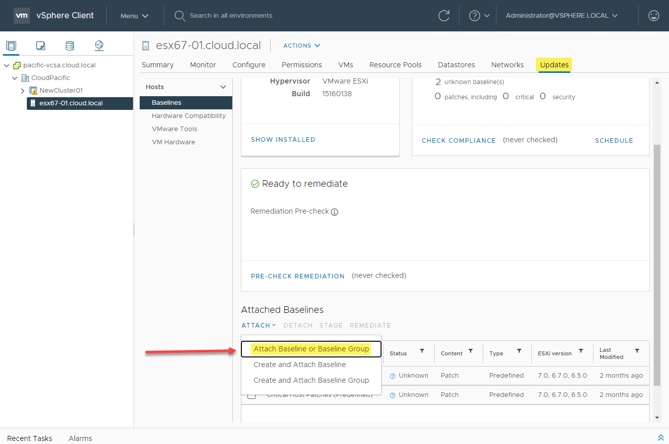 Attach the upgrade Baseline for ESXi 7 Update 1