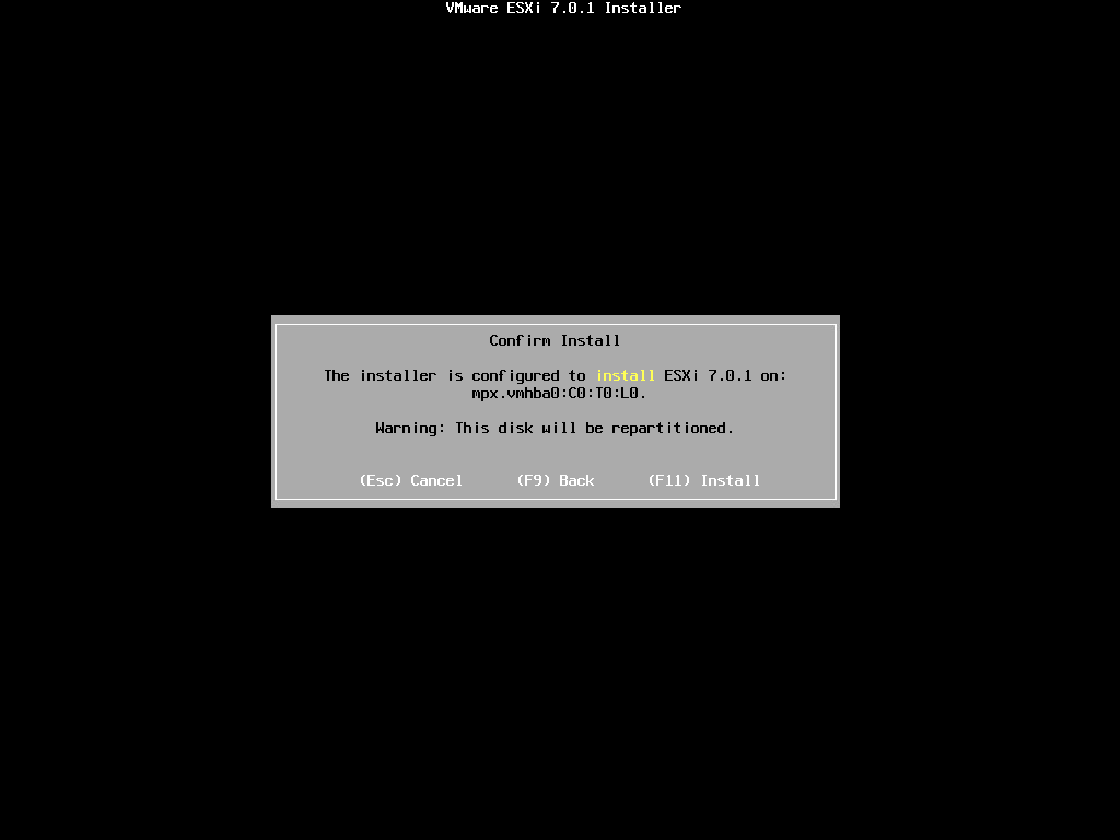 ESXi Begin the installation by pressing F11
