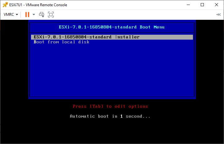 Booting from the ESXi 7 Update 1 ISO