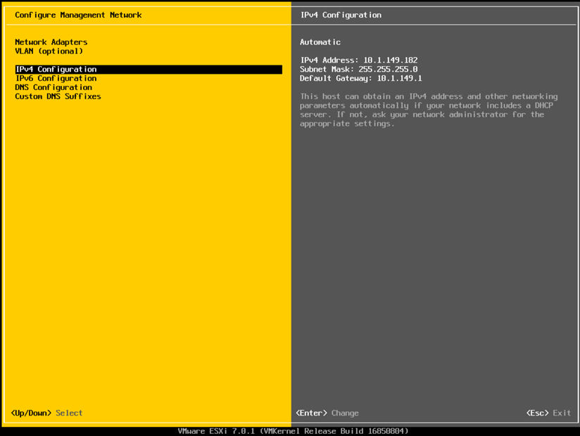 Configuring the management network details, including network adapters and IP address