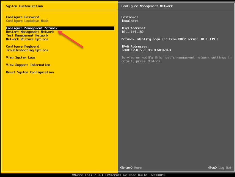 Configuring the management network with the DCUI interface