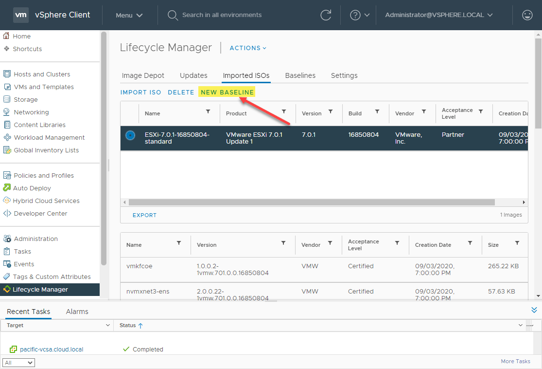 Creating a new Baseline for upgrading to vSphere 7 Update 1