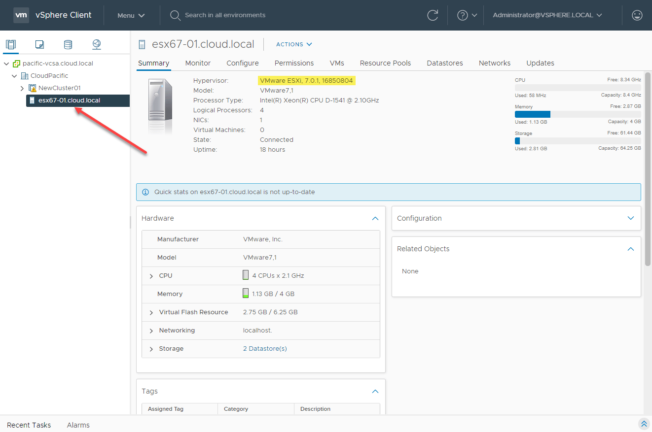 ESXi host successfully updated to ESXi 7 Update 1 using vSphere Update Manager