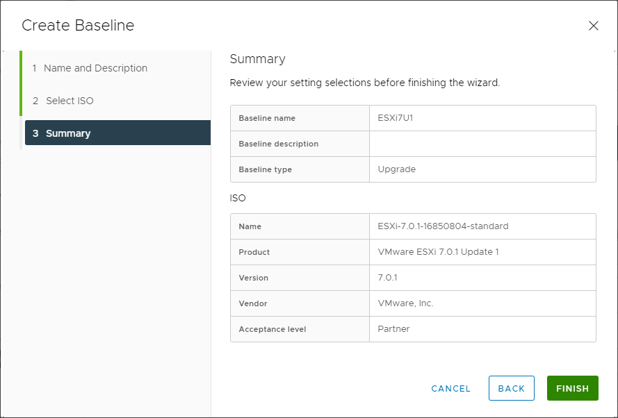 Finishing the creation of a new ESXi 7 Update 1 upgrade Baseline