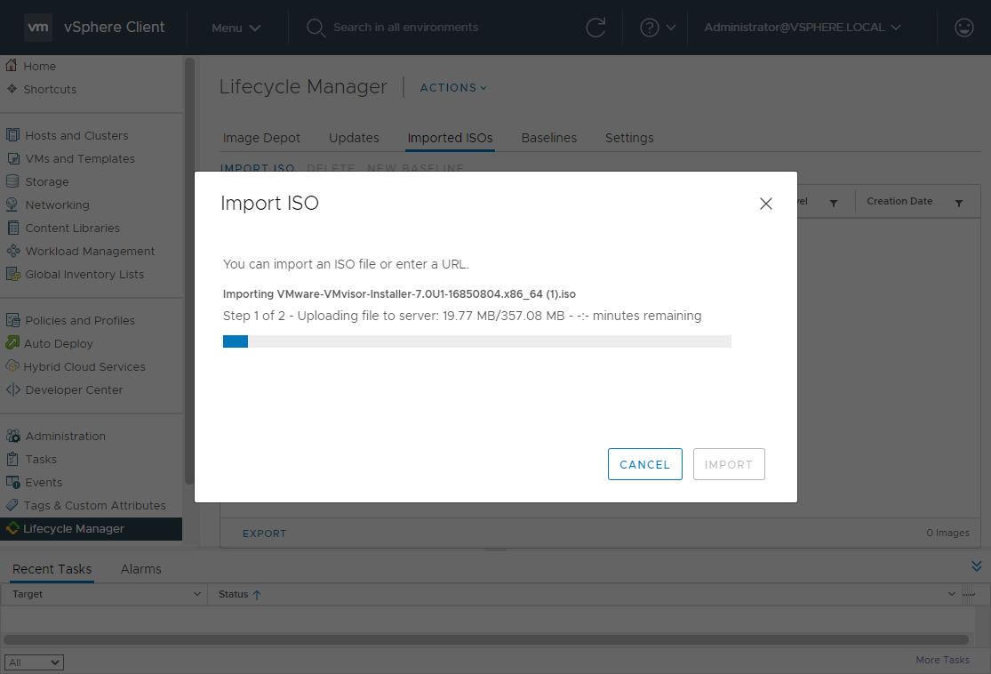 ISO upload begins for vSphere 7 Update 1