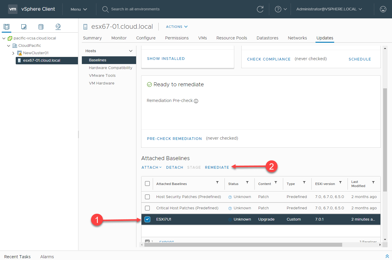 Remediating an ESXi host with the ESXi 7 Update 1 upgrade Baseline