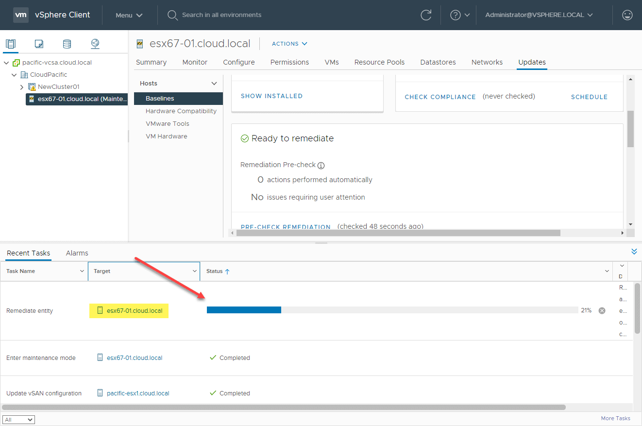 Remediation task running for ESXi 7 Update 1