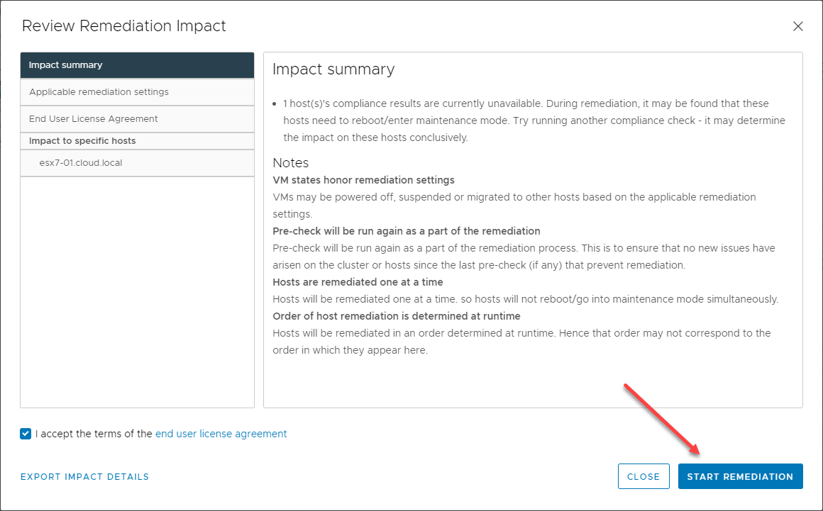 Starting a cluster remediation using vLCM