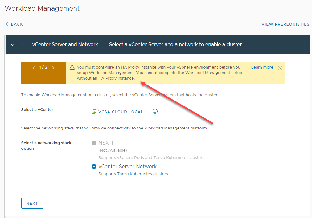 Using the Workload Management Wizard to deploy TKG with the HAProxy