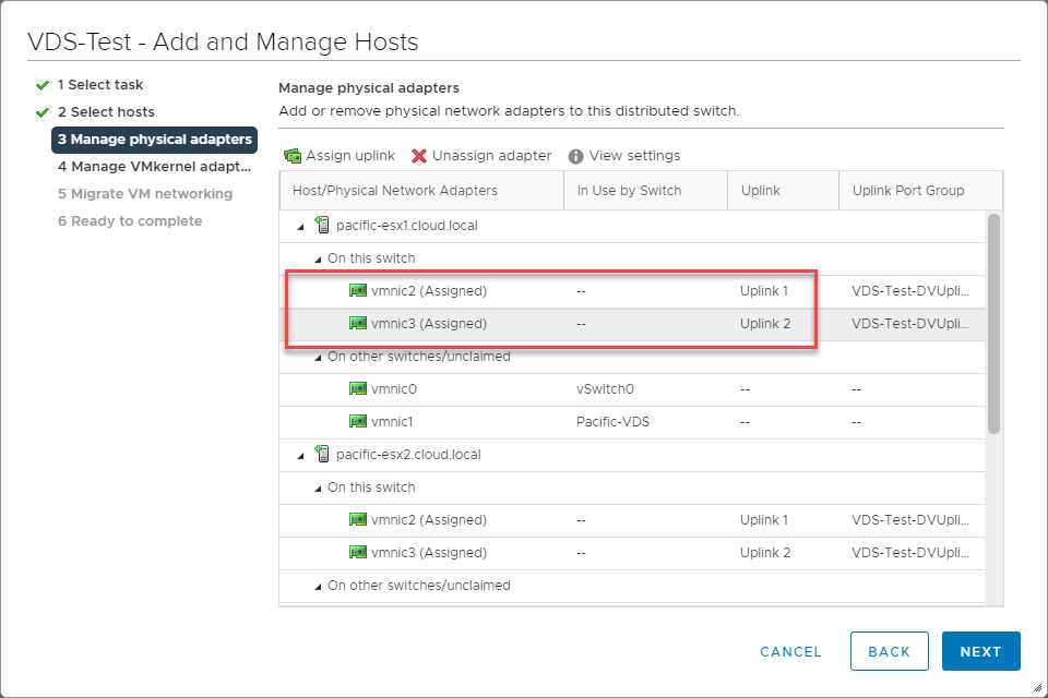 Adapters have been assigned uplinks for all hosts