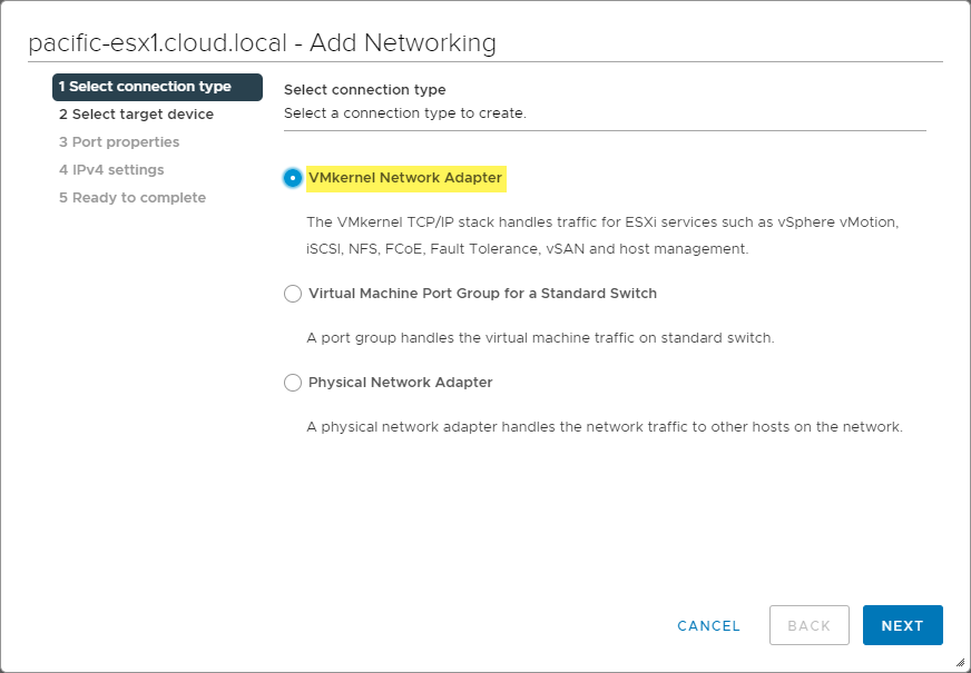 Adding a new VMkernel Network Adapter