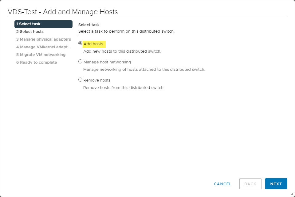 Adding hosts on the Add and Manage Hosts screen