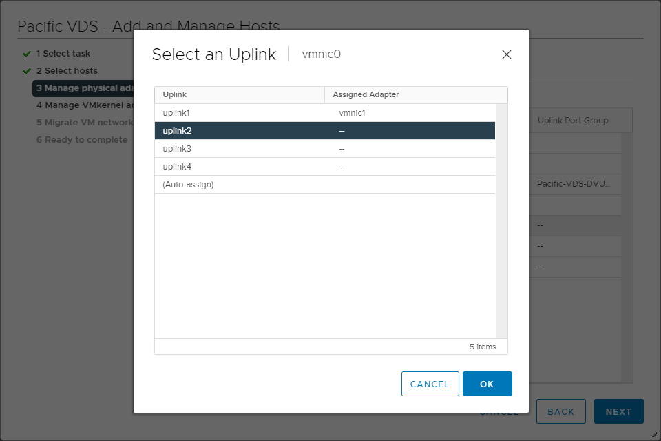 Assigning an adapter to an uplink for the Vds