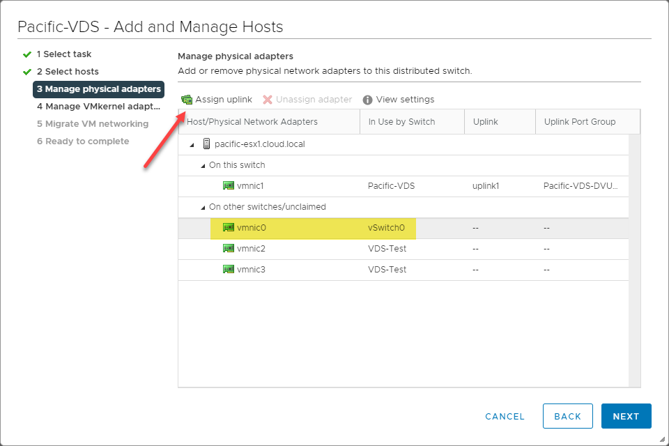 Assigning an existing VSS adapter to the vDS