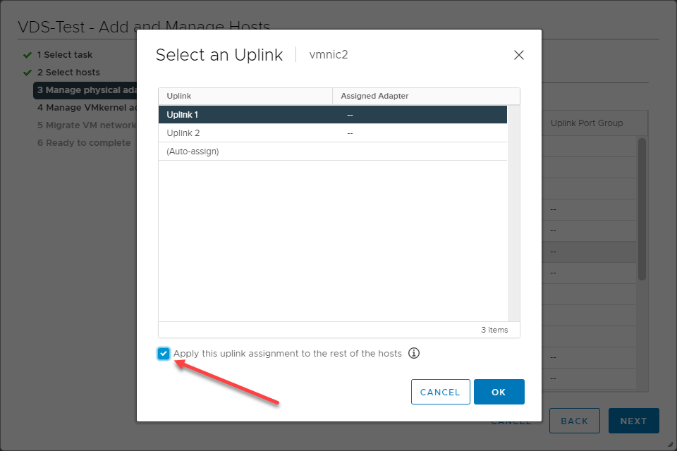 Assigning the first adapter to the first uplink