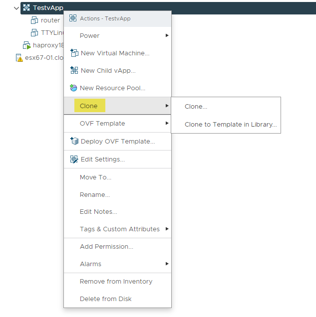 Beginning the process to clone a VMware vApp