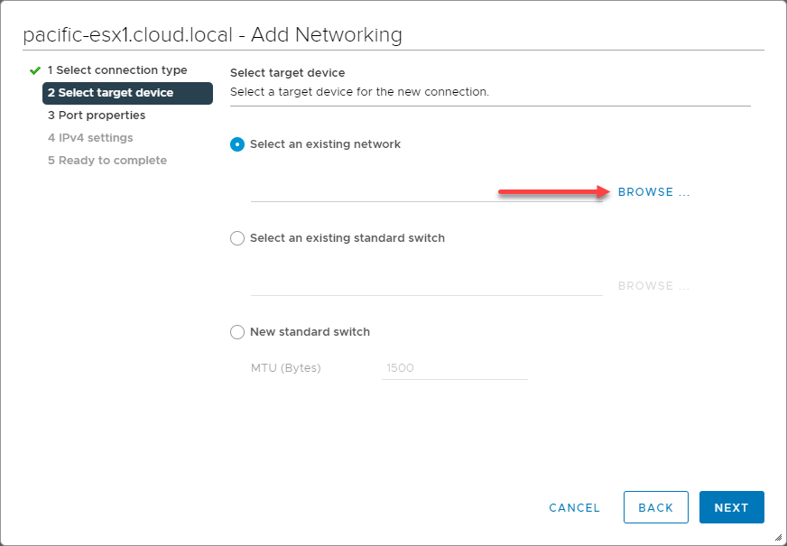 Browse to select an existing network