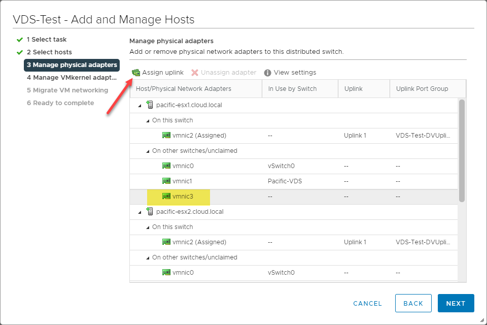 Choose the second adapter to assign in the uplink port group