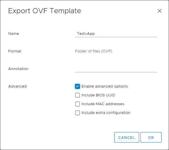 Choosing the VMware vApp OVF export options