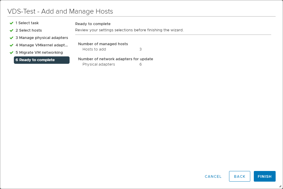 Completing adding your ESXi hosts to the new vSphere Distributed Switch