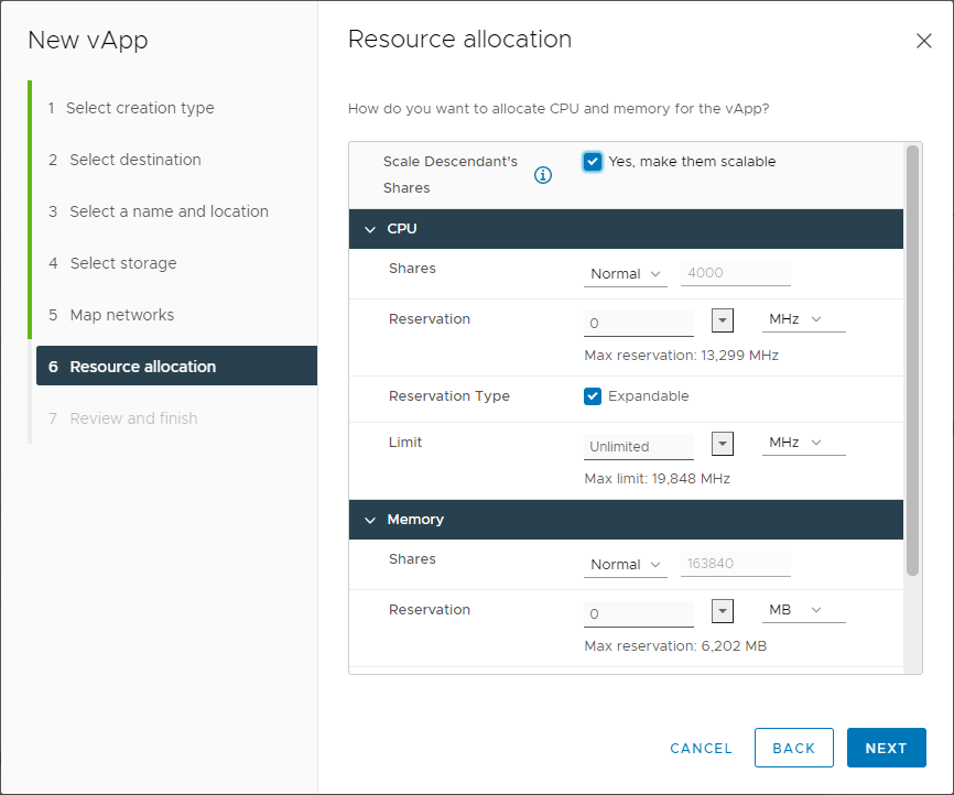 Configure the resource allocation for the cloned vApp