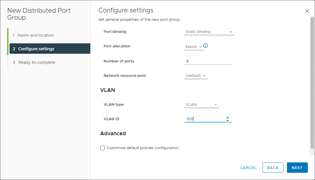 Configuring settings for the new Distributed Port Group