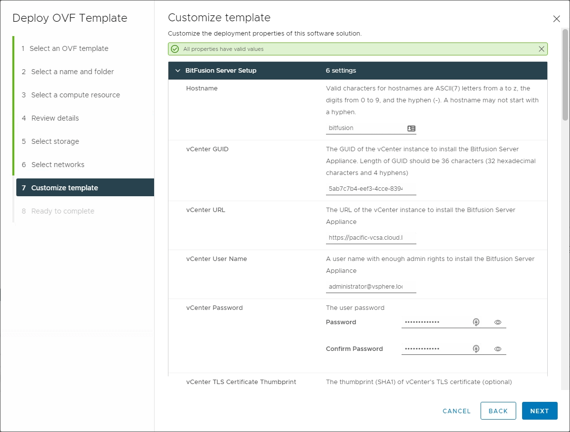 Configuring the Bitfusion Server template before deployment