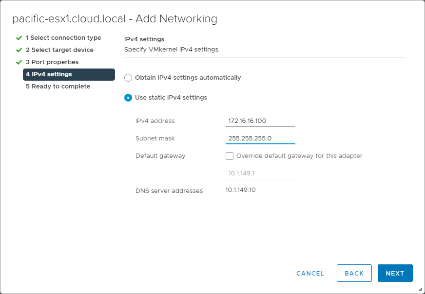 Configuring the IP address settings for the VMkernel Network Adapter