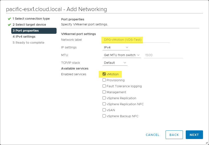 Configuring the port properties for the VMkernel Network Adapter