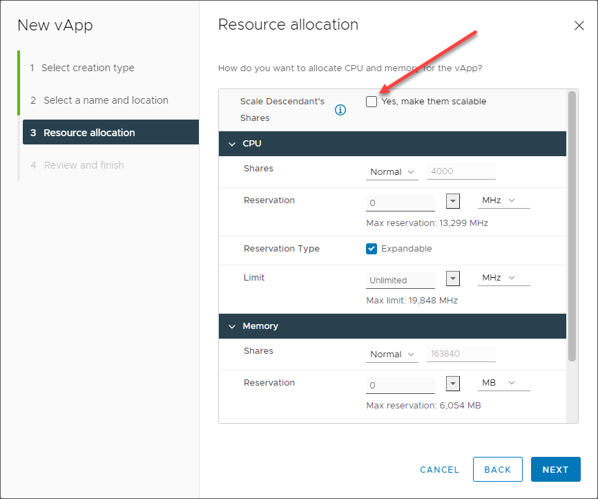 Configuring the resource properties of the VMware vApp