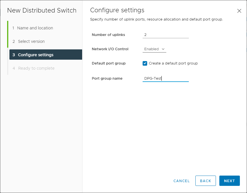 Configuring the settings of the vSphere Distributed Switch during creation