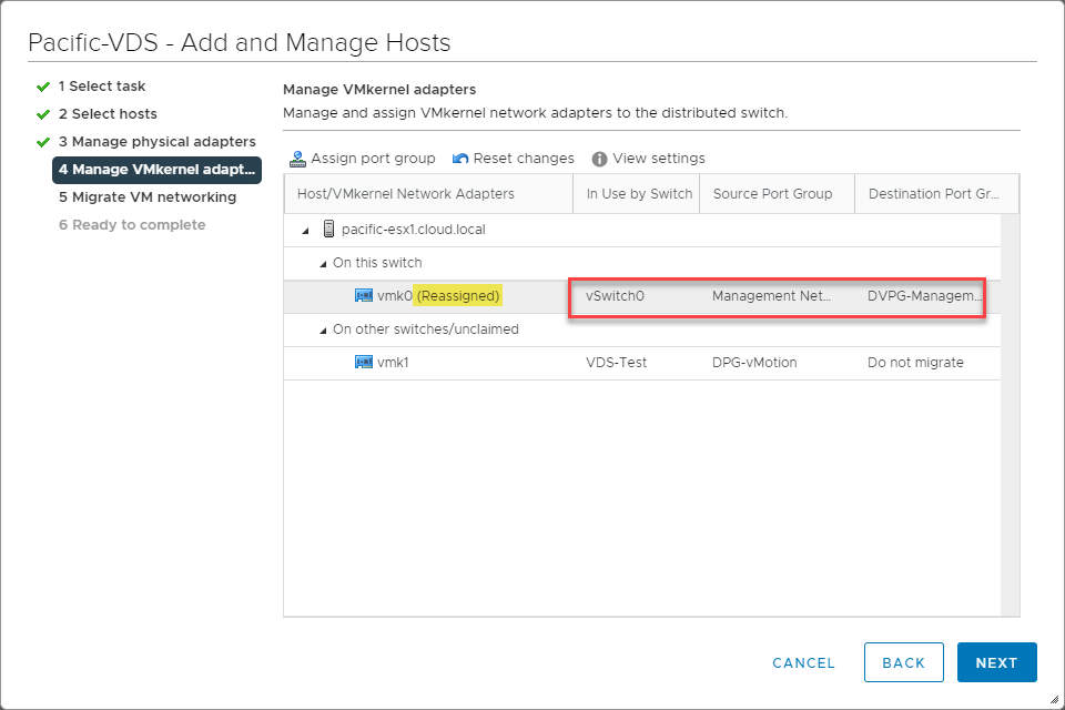 Destination vDS port group chosen for the VMkernel management adapter