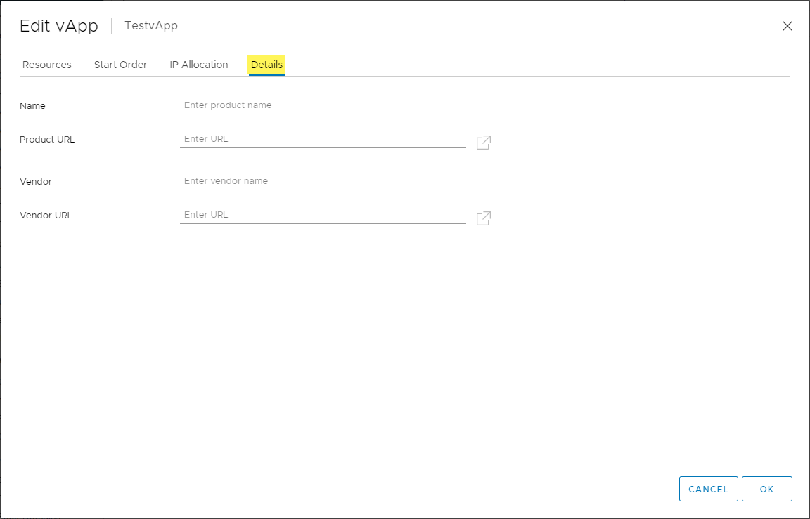 Details tab allows configuring the product details for distributing the vApp