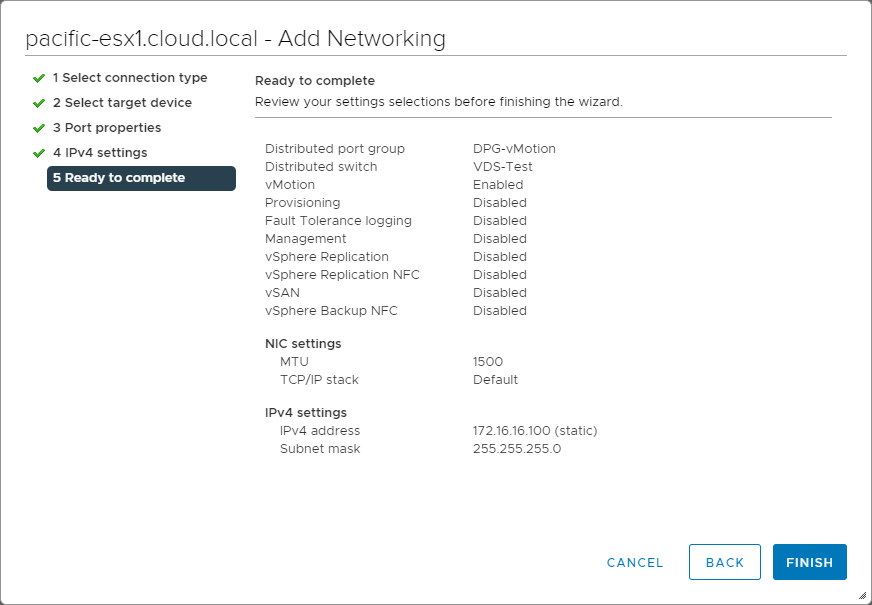 Finalizing the configuration of the VMkernel Network Adapter