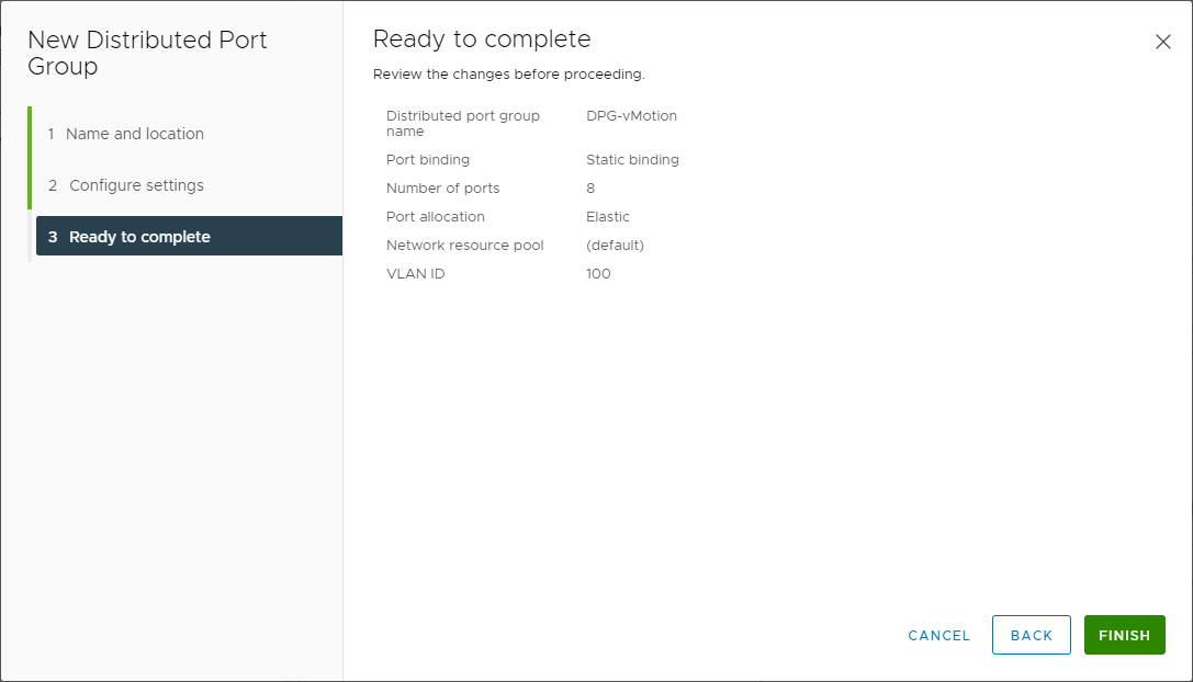 Finishing the creation of the new Distributed Port Group