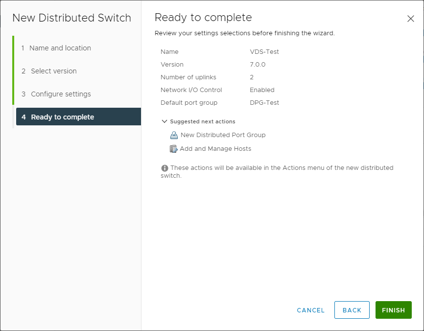 Finishing the creation of the new vSphere Distributed Switch