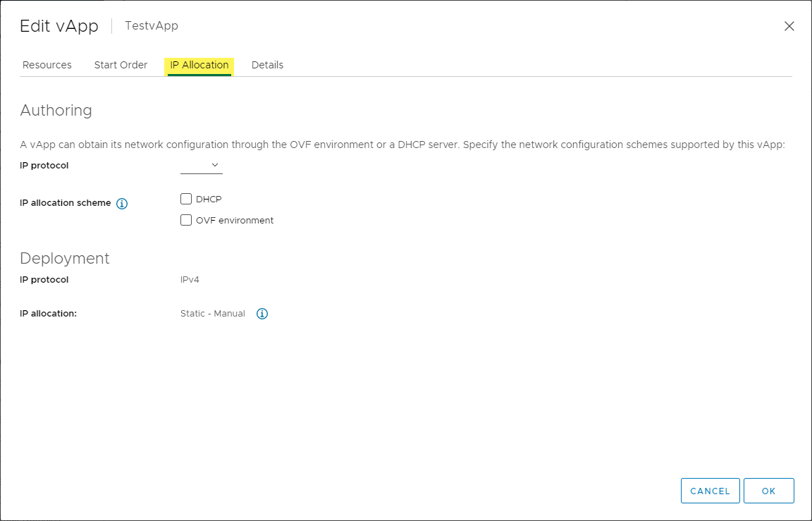 IP Allocation configured in the vApp