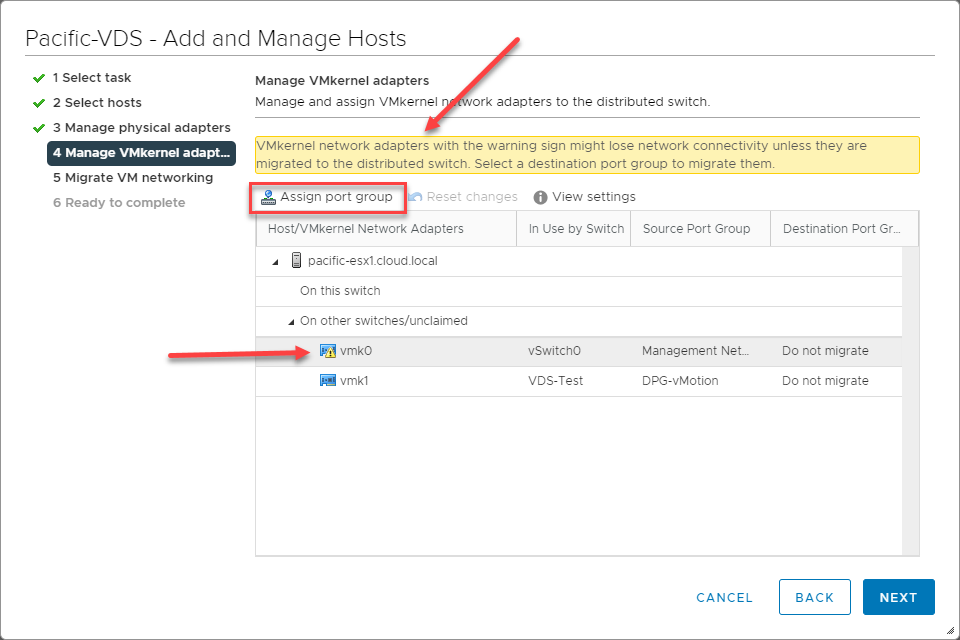 Migrating the VMkernel adapter that is carrying management traffic