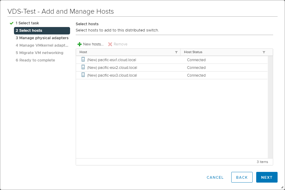 New hosts selected to add to the vSphere Distributed Switch