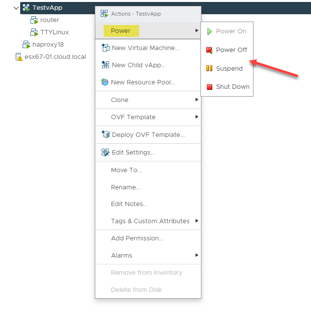 Power operations available for the VMware vApp