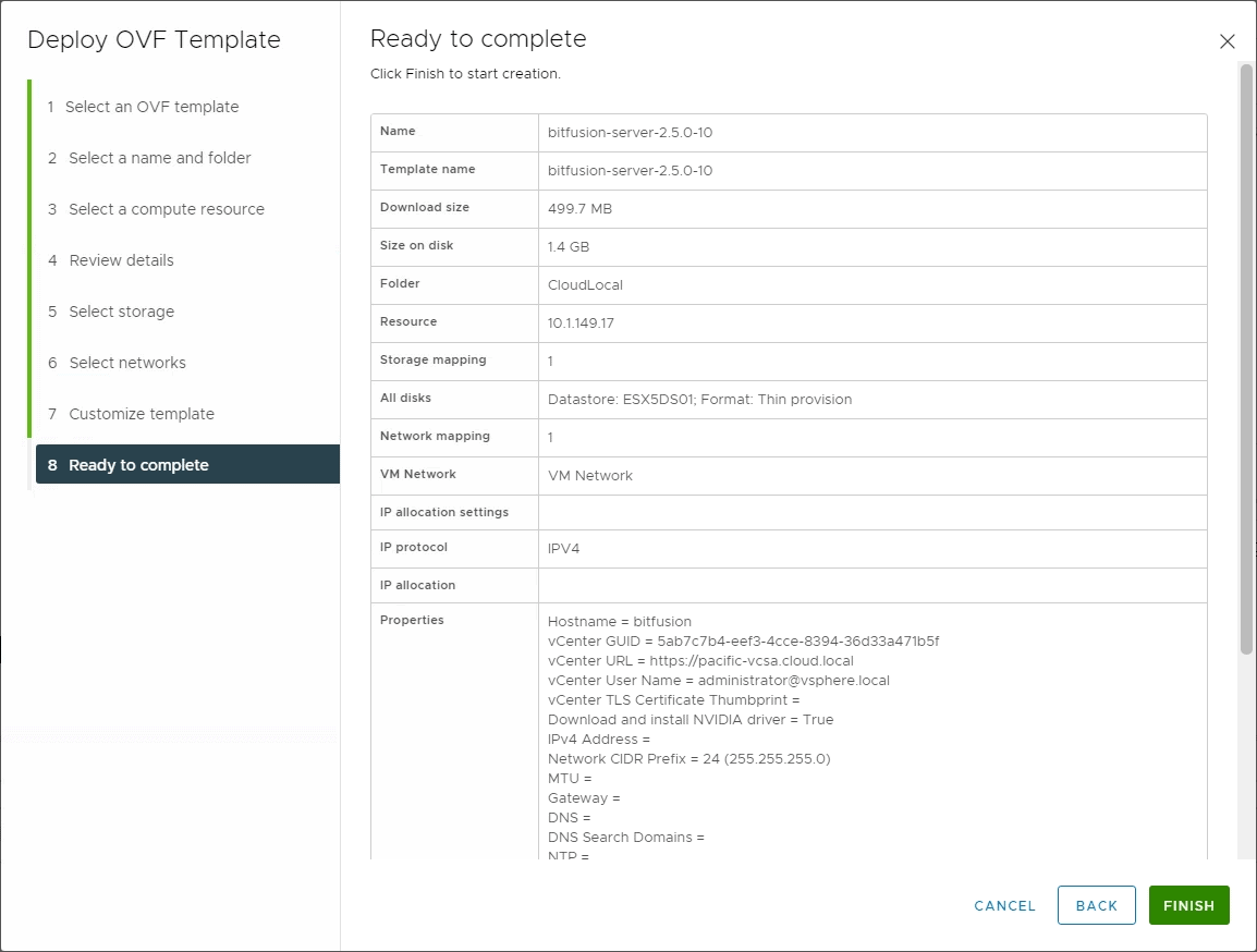 Ready to complete the Bitfusion Server OVA appliance deployment