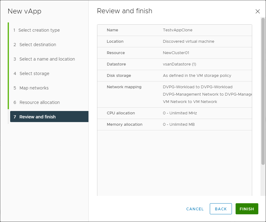 Review and finish the vApp clone operation