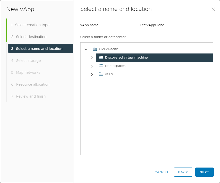 Select a name and location for the cloned vApp