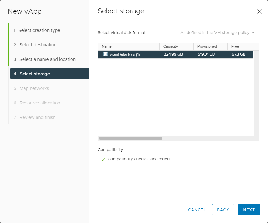 Select storage for the cloned vApp