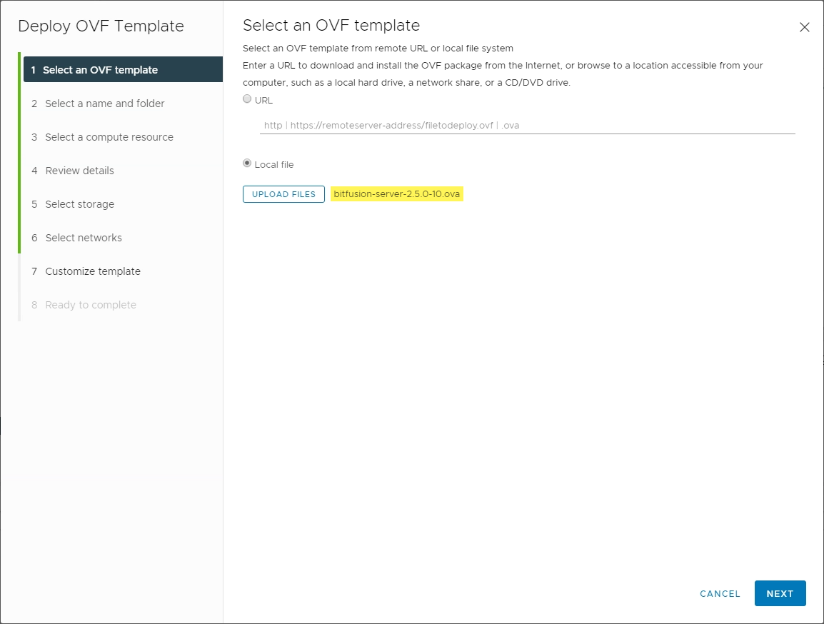 Select the Bitfusion Server OVA appliance