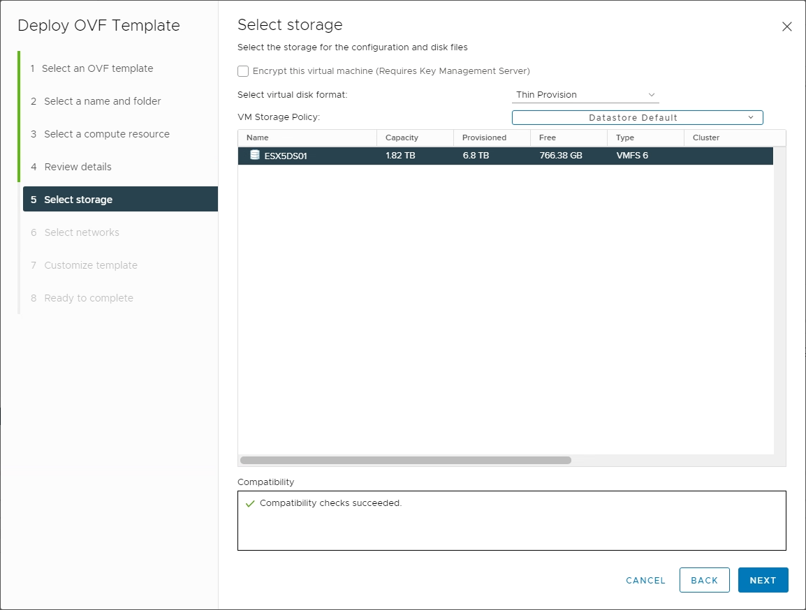 Select the datastore and the storage format for the virtual disks