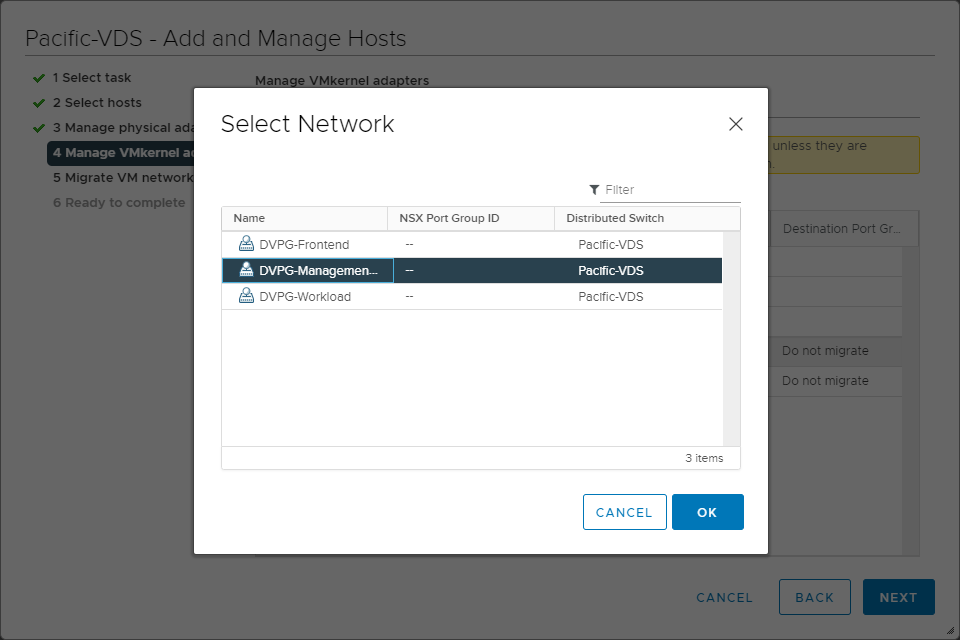 Select the destination vDS port group