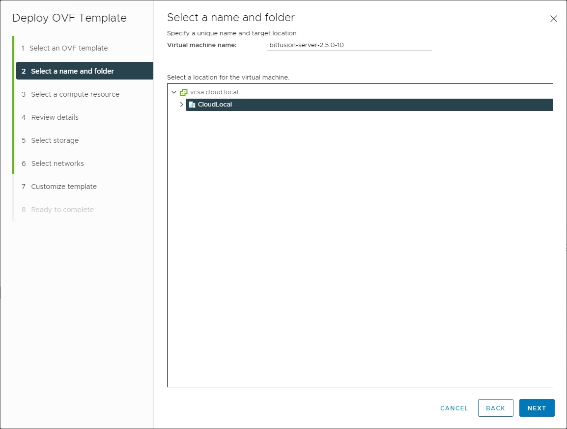 Select the name and folder for the Bitfusion Server deployed with the OVA