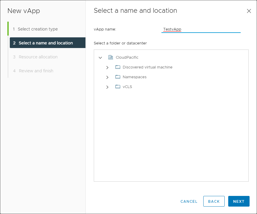 Select the vApp name and location