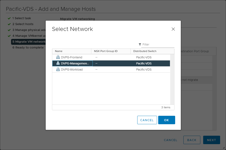 Select the vDS port group for the virtual machines